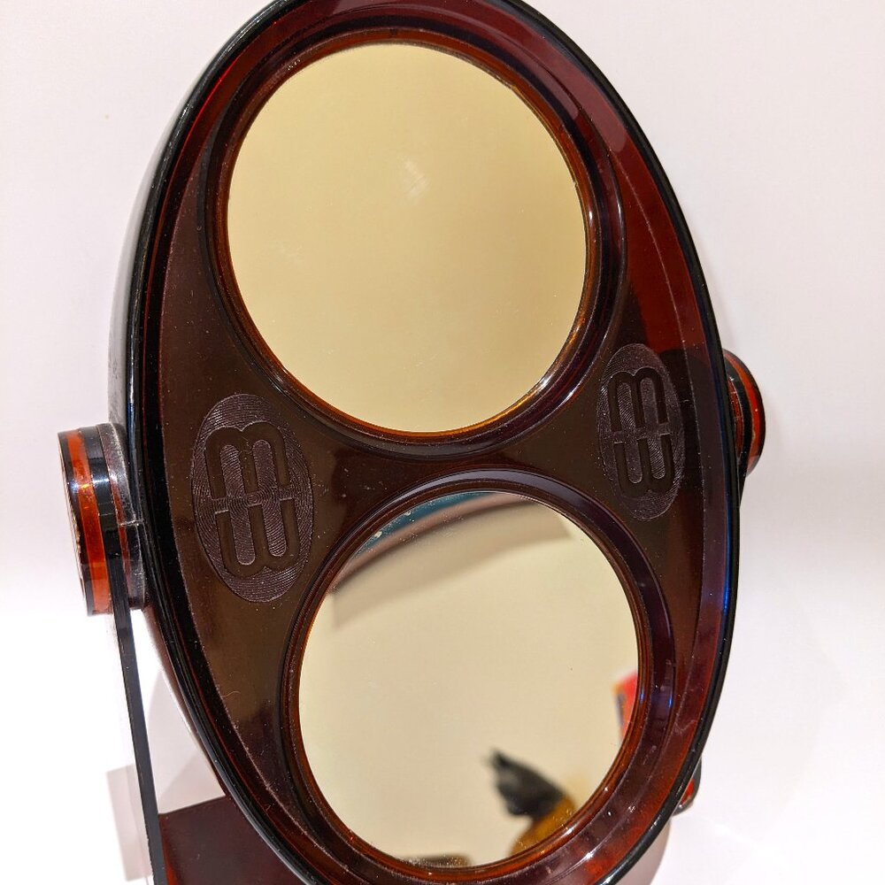 Vintage 1970s Faux Tortoiseshell Swivel Vanity Mirror – Oval Dual-Sided 10" Tall